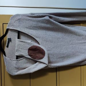 Oatmeal V-Neck Open Weave Tunic Sweater w/ Faux Suede Elbow Patches